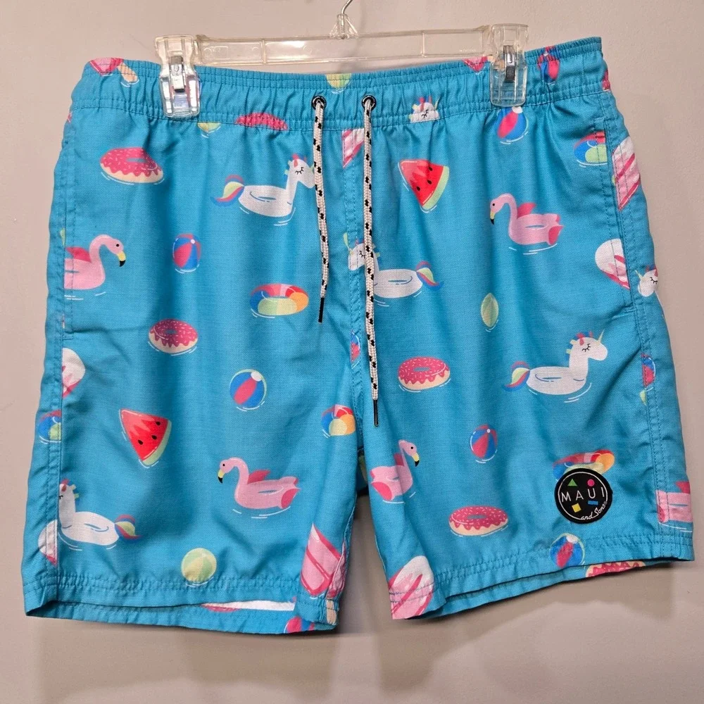 Maui & Sons Swim Trunks Pool Shorts Men Size XL Blue Retro Sport 80s Unicorn Fun